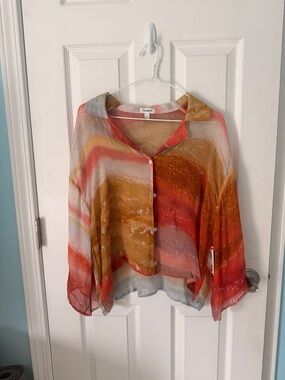 Sheer Multicolor Button-Front Women's Blouse - Sunset Stripe